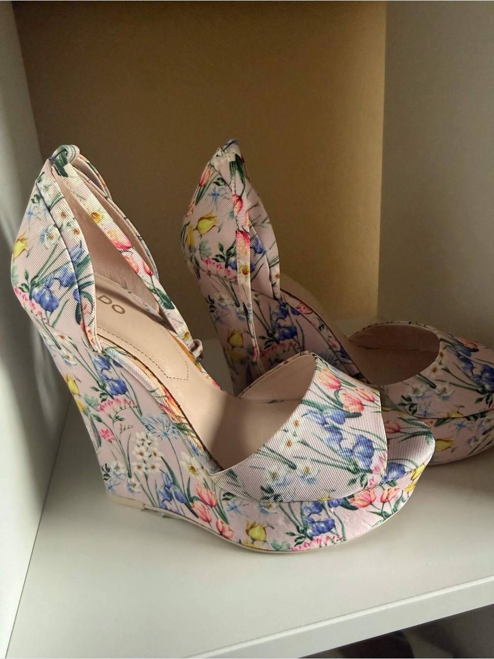 Aldo Pink Floral Peep-Toe Wedge Heels